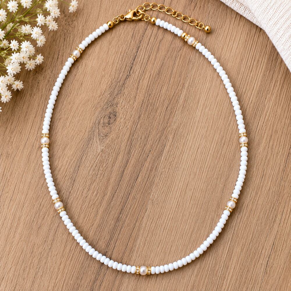 White Beaded Necklace with Pearl & Gold Tone Accents Adjustable Dainty Jewelry